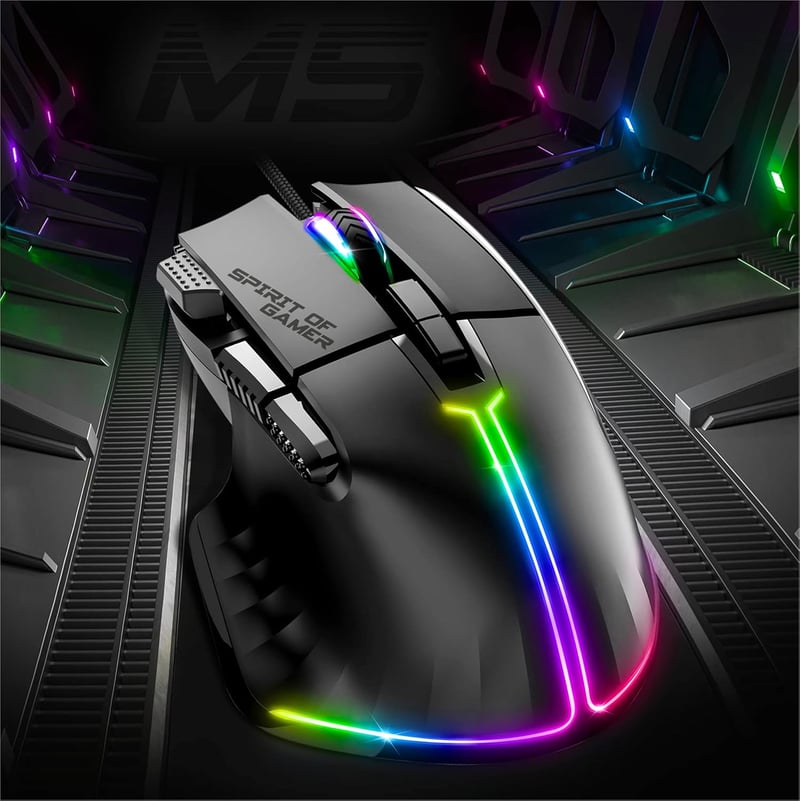 SPIRIT OF GAMER PRO M5 RGB Gamer Egér 12800 DPI, 8 Programozható Gomb, Gyorstüzelés Funkcióval, 13 RGB Háttérvilágítási Effekt, Ergonomikus 