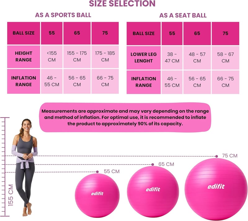 EDIFIT Gimnasztikai Labda 55 65 75cm Pezziball Pilates Jóga Ülőlabda Pumpával - 65cm, pink