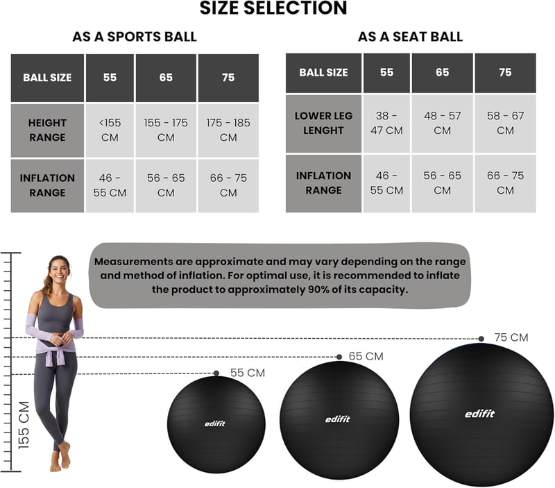 EDIFIT Gimnasztikai Labda 55 65 75cm Pezziball Pilates Jóga Ülőlabda Pumpával - 65cm, Black