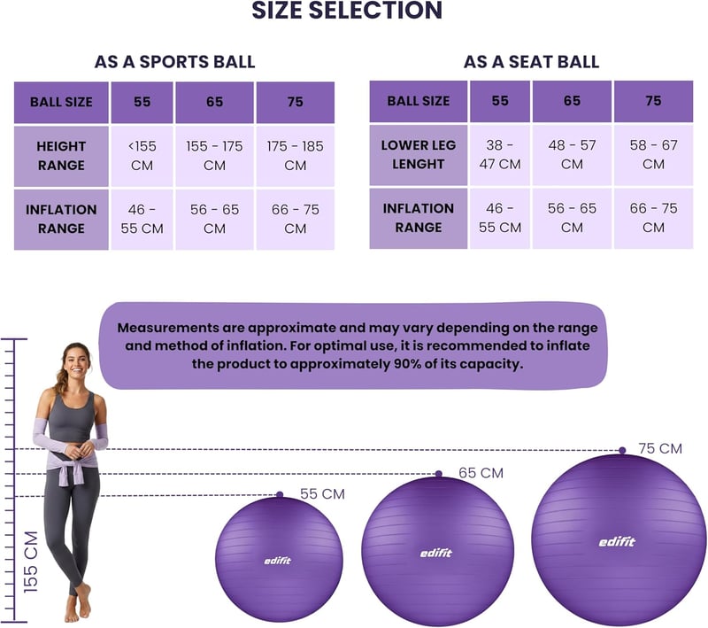 EDIFIT Gimnasztikai Labda 55 65 75cm Pezziball Pilates Jóga Ülőlabda Pumpával - 65cm, Purple