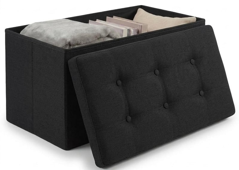 Edihome skladací úložný taburet s látkovým vekom 38x76x38 cm – úložný box, lavica, podnožka, do obývačky alebo k toaletnému stolíku, čierny