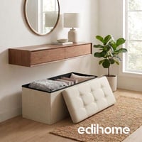 Edihome sklopivi tabure za odlaganje 38x76x38 cm, s poklopcem od tkanine, boja slonovače - klupica, otoman, oslonac za noge, kutija za odlaganje 5
