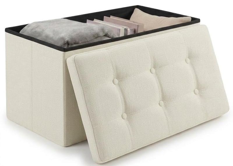 Edihome sklopivi tabure za odlaganje 38x76x38 cm, s poklopcem od tkanine, boja slonovače - klupica, otoman, oslonac za noge, kutija za odlaganje