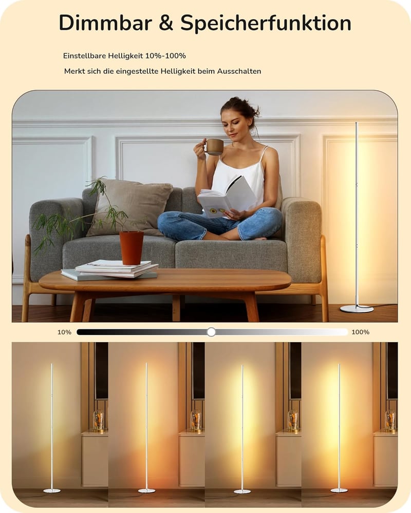 EDISHINE 2 db Állólámpa Szett - Fehér LED Padlólámpa, Szabályozható Fényerő, 3000K Meleg Fény, 146 cm Állítható Magasság, Memória Funkcióval - 2 PACK, White