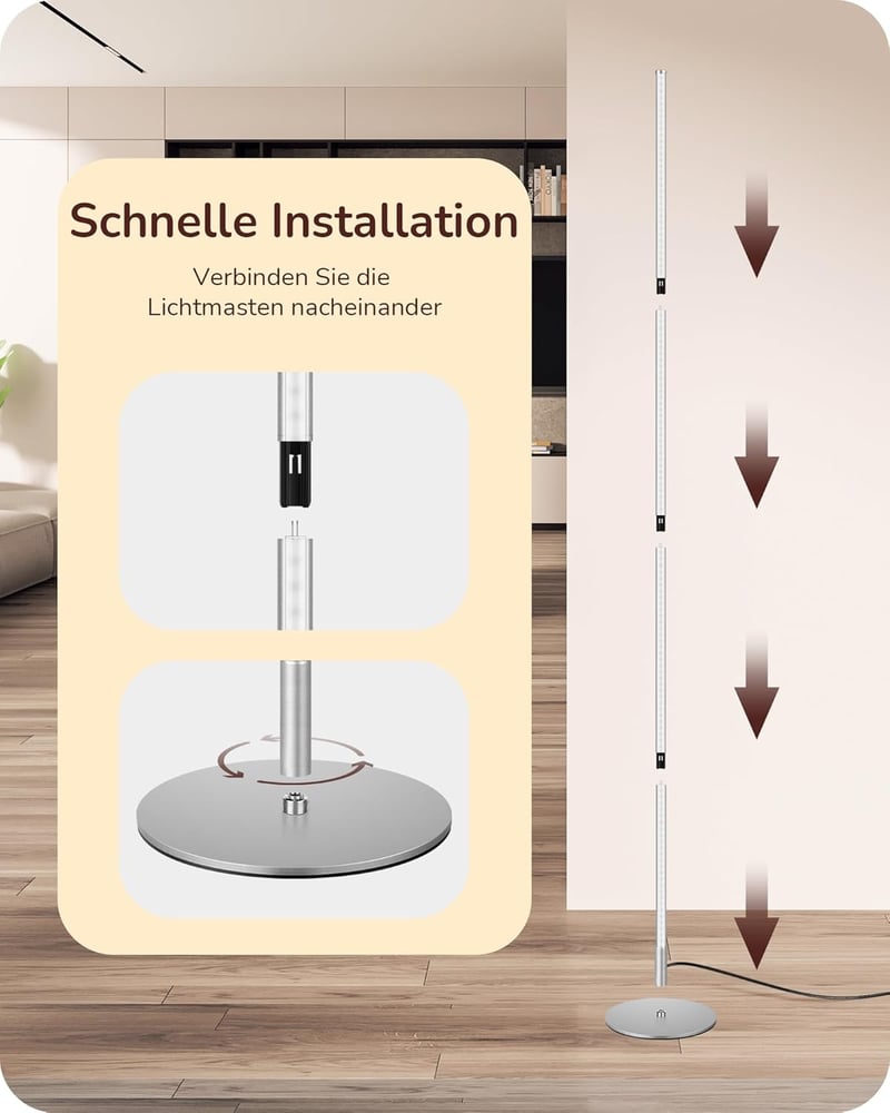 EDISHINE 2db LED Állólámpa Dimmer Funkcióval, Meleg Fehér 3000K, 146cm Magasságig Állítható, Ezüst