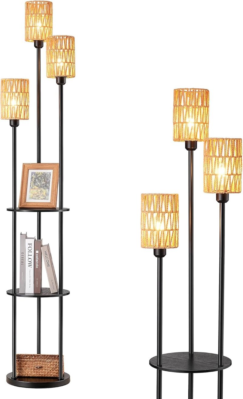 EDISHINE 3-ágú vintage állólámpa polccal és rattan árnyéklóval, 178 cm, E27 foglalattal