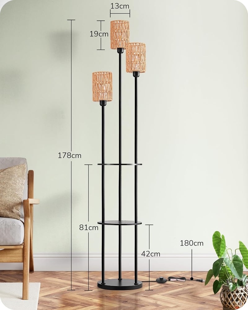 EDISHINE 3-ágú vintage állólámpa polccal és rattan árnyéklóval, 178 cm, E27 foglalattal