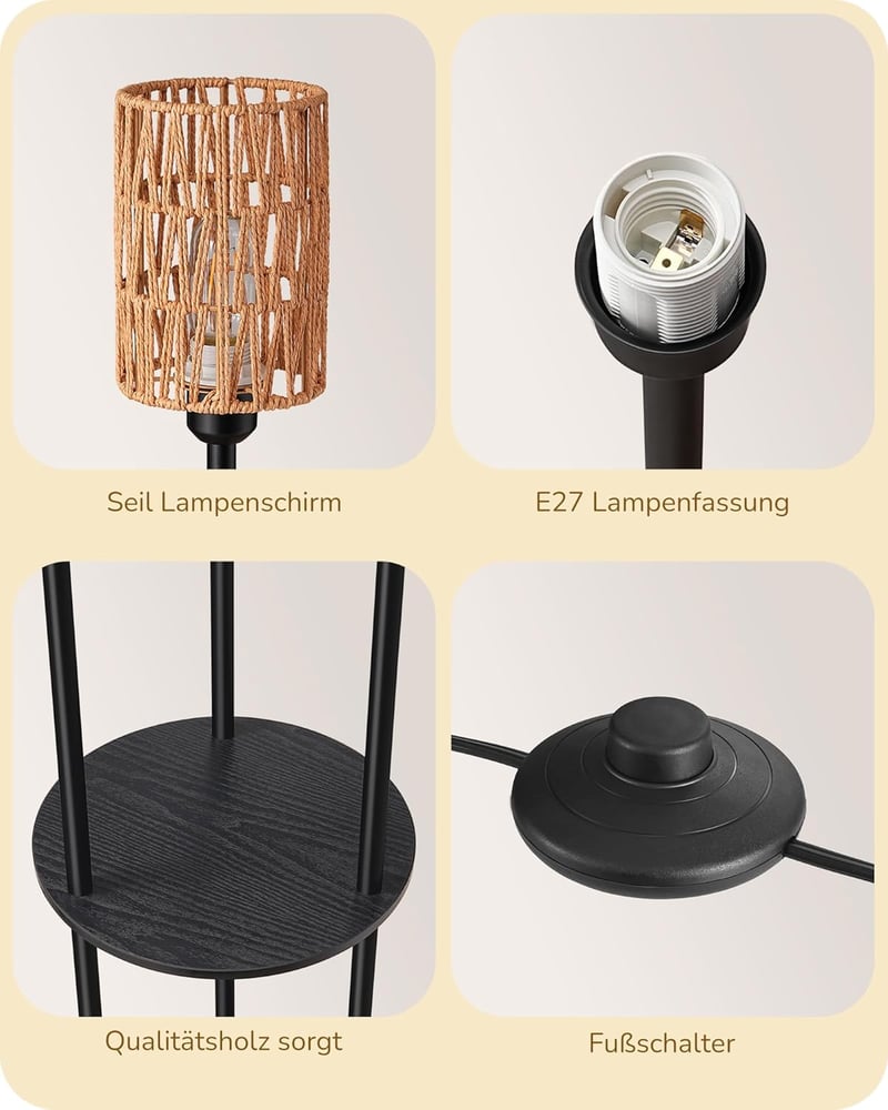 EDISHINE 3-ágú vintage állólámpa polccal és rattan árnyéklóval, 178 cm, E27 foglalattal