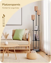 EDISHINE 3-ágú vintage állólámpa polccal és rattan árnyéklóval, 178 cm, E27 foglalattal 2