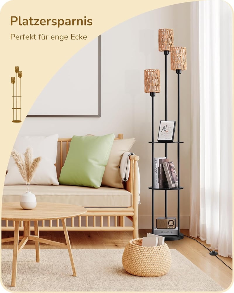 EDISHINE 3-ágú vintage állólámpa polccal és rattan árnyéklóval, 178 cm, E27 foglalattal