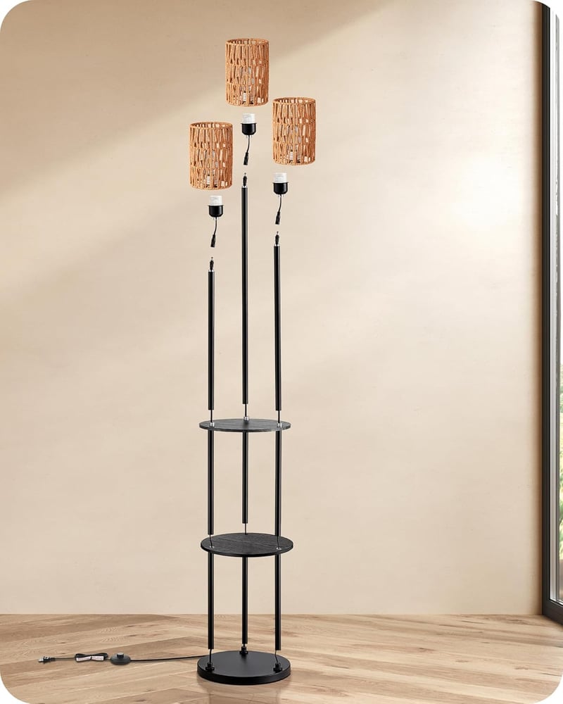 EDISHINE 3-ágú vintage állólámpa polccal és rattan árnyéklóval, 178 cm, E27 foglalattal