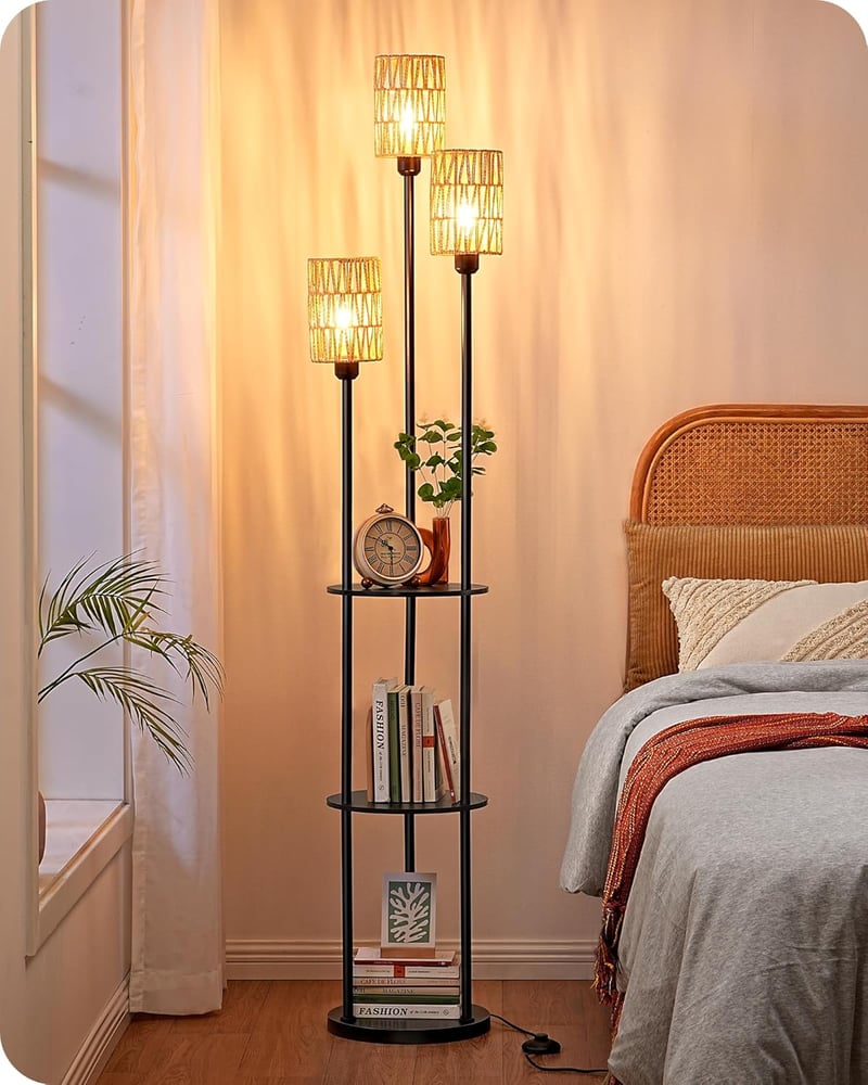 EDISHINE 3-ágú vintage állólámpa polccal és rattan árnyéklóval, 178 cm, E27 foglalattal