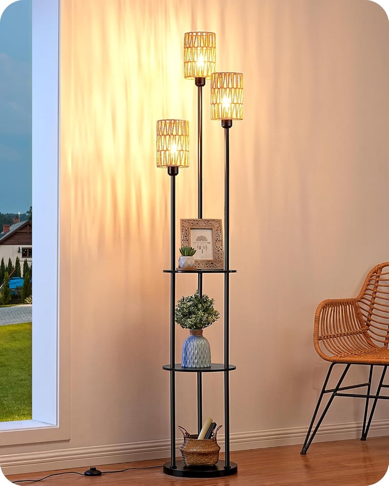 EDISHINE 3-ágú vintage állólámpa polccal és rattan árnyéklóval, 178 cm, E27 foglalattal