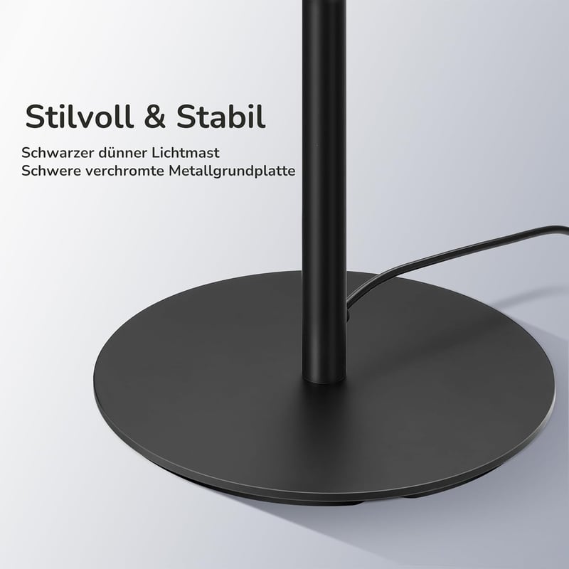 EDISHINE Állólámpa - Fekete Alumínium LED Padlólámpa 3000K Meleg Fénnyel, Szabályozható Fényerővel, Lábkapcsolóval, 1100 Lumen, 147 cm Magas