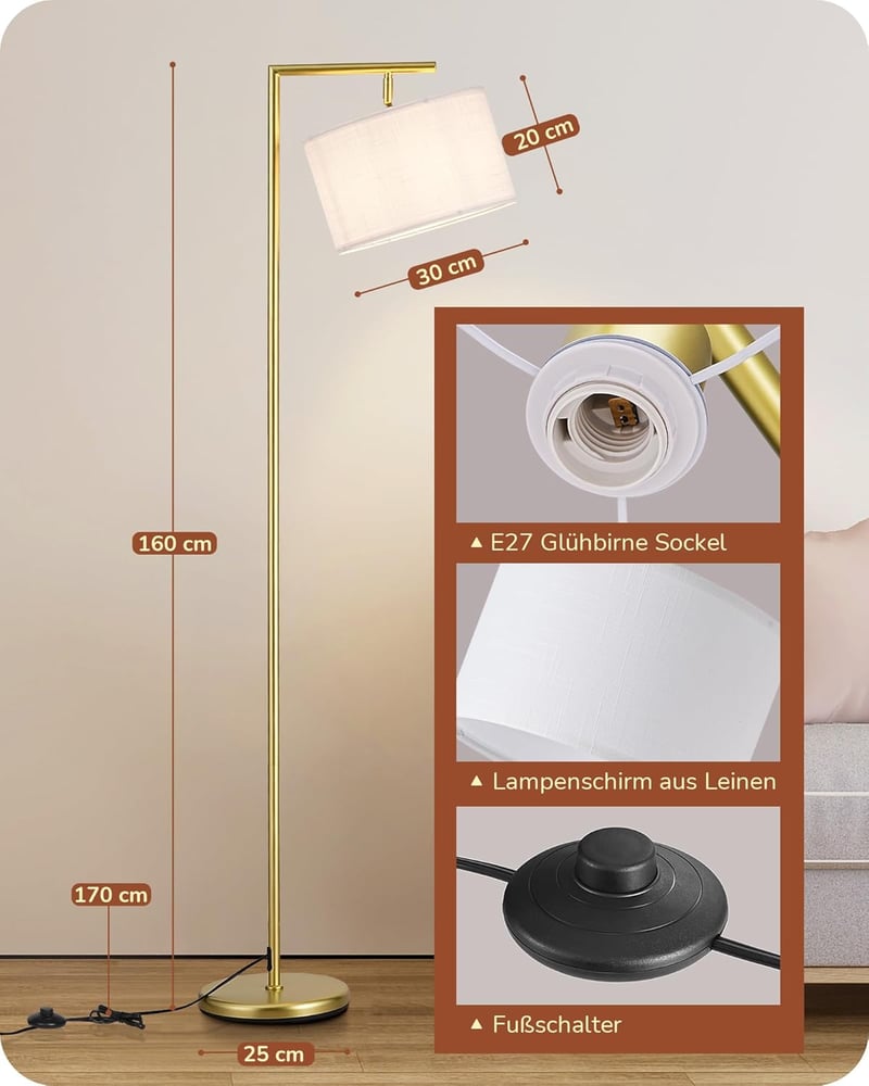 EDISHINE arany ívlámpa állólámpa linen árnyékolóval, E27 LED, 160 cm, nappali hálószoba