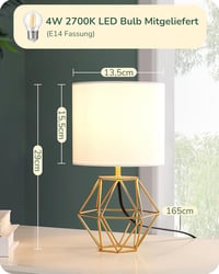 EDISHINE Asztali Lámpa Fehér Linen Árnyékolóval és Arany Gyémánt Talppal E14 LED 5