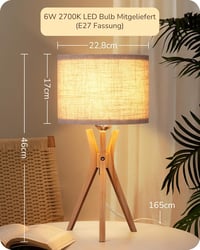 EDISHINE Fa Éjjeli Lámpa - Vintage Tripod Asztali Lámpa Len Lámpaernyővel, LED E27 Foglalattal, Bézs/Natúr Fa, Hálószobába, Nappaliba 4