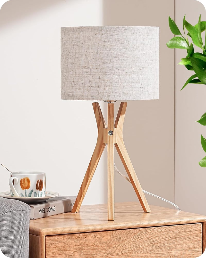 EDISHINE Fa Éjjeli Lámpa - Vintage Tripod Asztali Lámpa Len Lámpaernyővel, LED E27 Foglalattal, Bézs/Natúr Fa, Hálószobába, Nappaliba