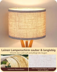 EDISHINE Fa Éjjeli Lámpa - Vintage Tripod Asztali Lámpa Len Lámpaernyővel, LED E27 Foglalattal, Bézs/Natúr Fa, Hálószobába, Nappaliba 3