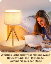 EDISHINE Fa Éjjeli Lámpa - Vintage Tripod Asztali Lámpa Len Lámpaernyővel, LED E27 Foglalattal, Bézs/Natúr Fa, Hálószobába, Nappaliba 5