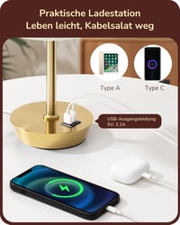 EDISHINE LED éjjelilámpa érintésvezérelt 2 darab asztali lámpa USB töltővel arany 3