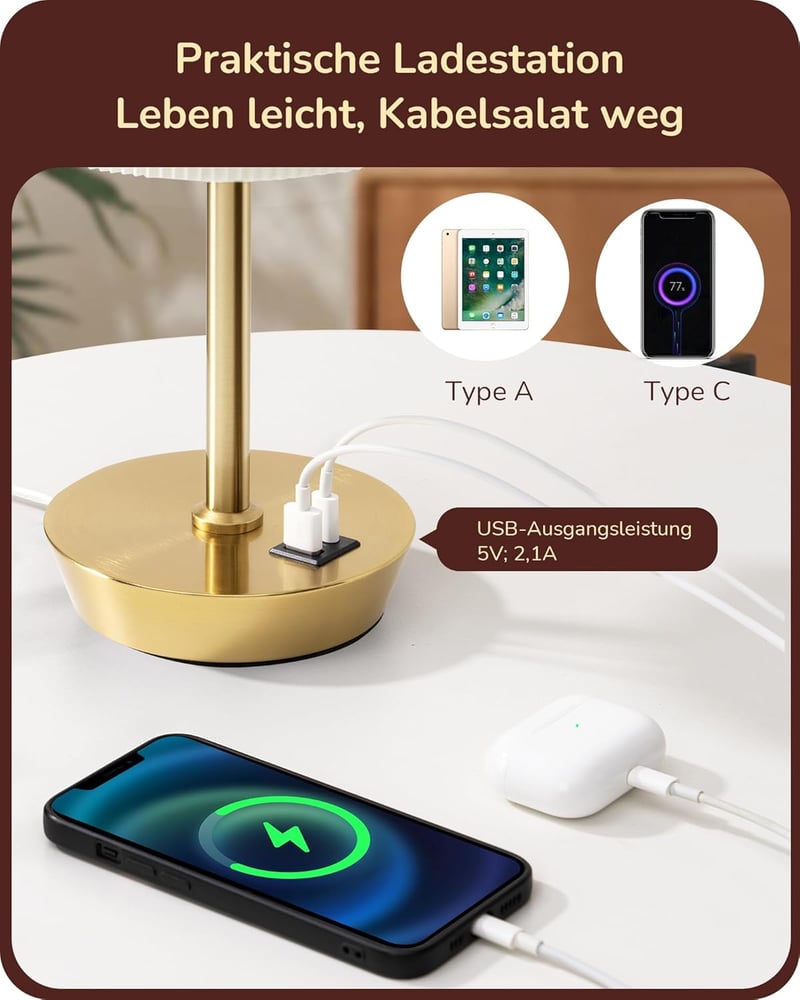 EDISHINE LED éjjelilámpa érintésvezérelt 2 darab asztali lámpa USB töltővel arany