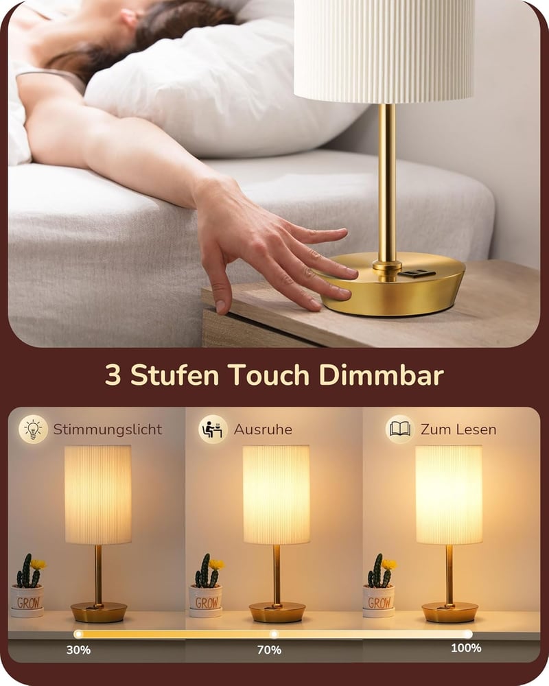 EDISHINE LED éjjelilámpa érintésvezérelt 2 darab asztali lámpa USB töltővel arany