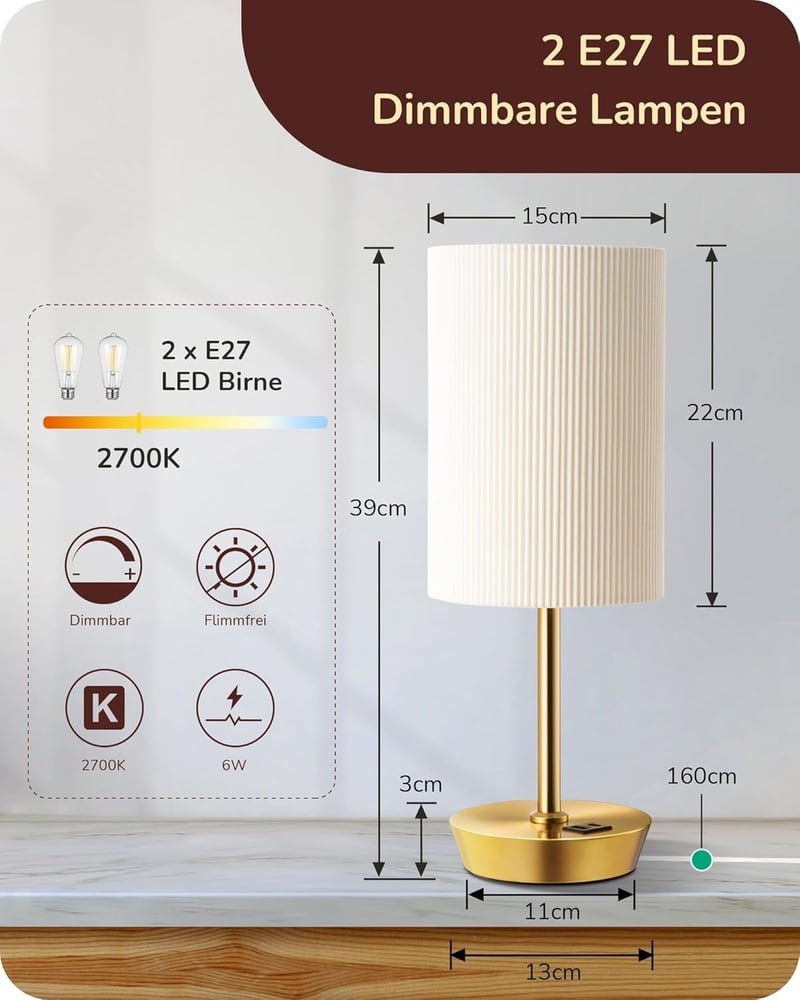 EDISHINE LED éjjelilámpa érintésvezérelt 2 darab asztali lámpa USB töltővel arany