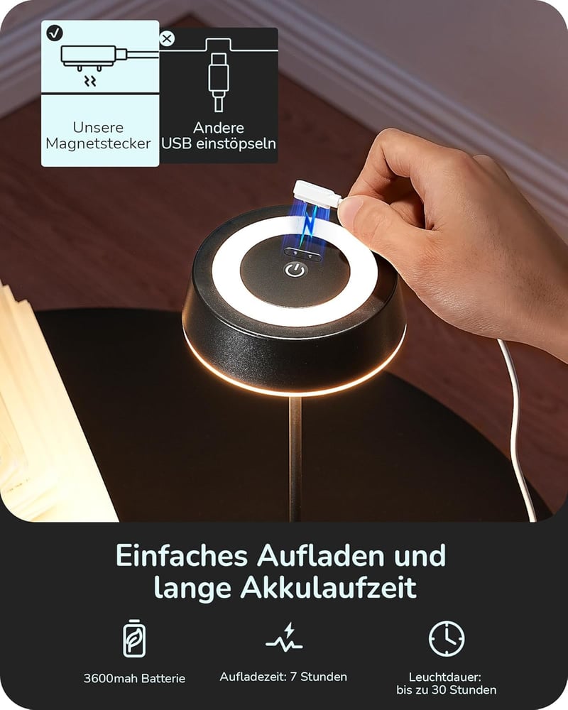 EDISHINE Wireless Éjjeli Lámpa Mágneses Töltéssel, Dimmer, IP54 Vízálló
