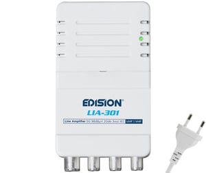Edision LIA-301 sobno antensko pojačalo UHF/VHF, 5-20 dB, 98 dBmV, DVB-T/T2, 5G LTE filter, 1 ulaz, 3 izlaza, IEC priključak, bijelo