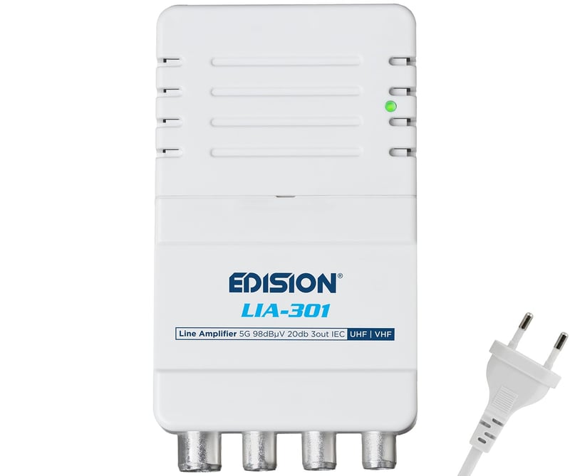 Edision LIA-301 vnútorný TV anténny zosilňovač UHF/VHF, 5-20 dB, 98 dBµV, DVB-T/T2, 5G LTE filter, 1 vstup, 3 výstupy, IEC konektor, biely