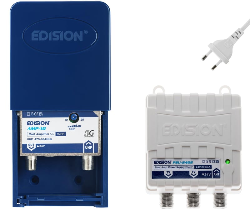 Edision MAK-100 Kit Stožiarový zosilňovač 1UHF 10-25dB 107dBmV 24V DVB-T/T2 digitálna anténa 5G LTE filter + 24V 200mA F napájací zdroj s 2 výstupmi