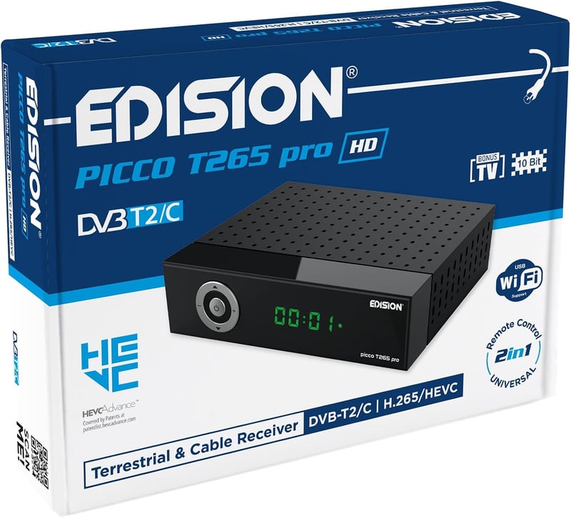 Pozemný a káblový prijímač Edision PICCO T265 Pro HD DVB-T2 DVB-C H.265 HEVC FTA PVR s podporou USB, HDMI, SCART, S/PDIF, WiFi, univerzálny 2 v 1