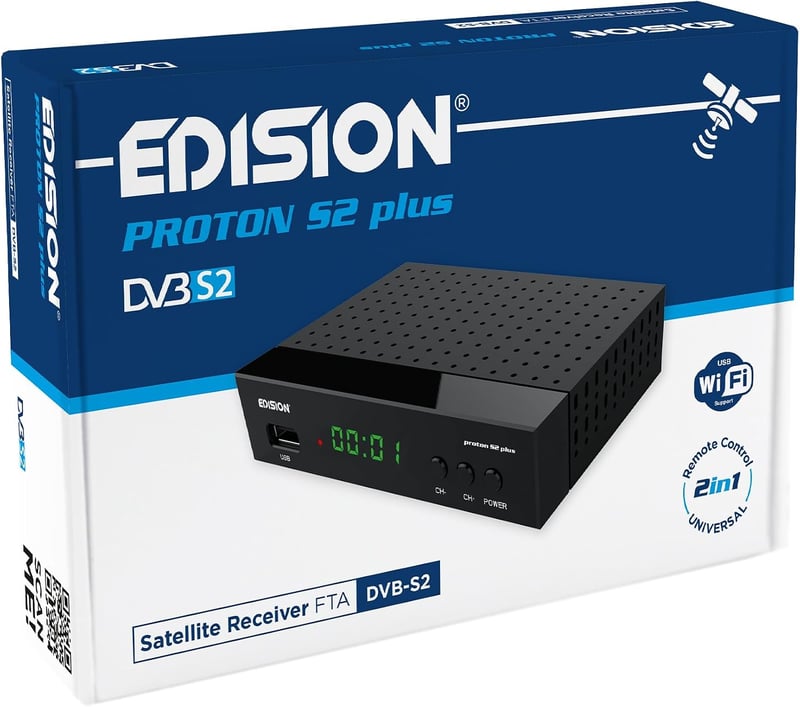 Satelitný prijímač Edision Proton S2 Plus Full HD FTA, kompatibilný s Unicable, DVB S2, diaľkové ovládanie 2 v 1 Comfort, HDMI, SCART, S/PDIF, USB, LAN, WiFi