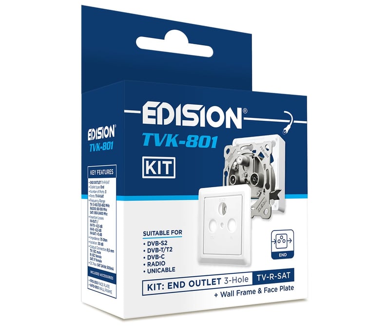Edision TVK-801 Kit Koncová TV-R-SAT zásuvka pod omietku/na omietku, 3 výstupy, DVB-S2, DVB-T/T2, DVB-C, Unicable, DAB+, FM rádio, DC-Pass