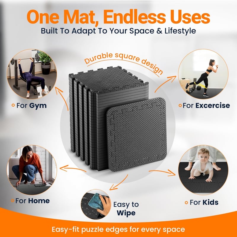 edukit Fekete Padlóvédő Szőnyeg Szett 24 db - 30,5x30,5 cm EVA Puzzle Matrac, Hőszigetelő Sportszőnyeg Edzőterembe, Garázsba, Kempingezéshez