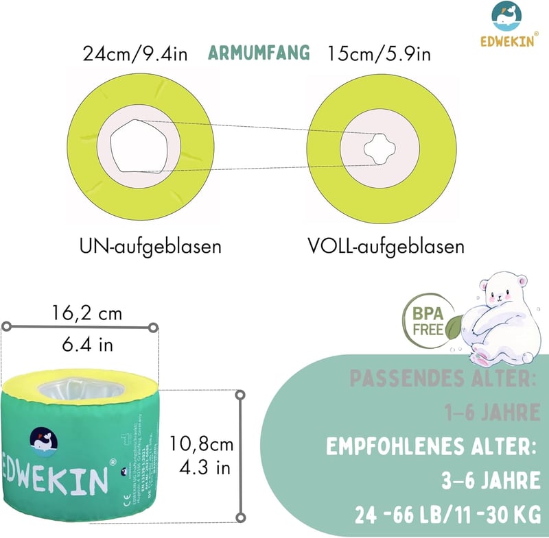 EDWEKIN Premium úszógumi gyerekeknek 1-6 év | TÜV minősített | Nagy légkamrák | Biztonságos úszástanulás