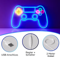 NELUX Gamer Kontroller Neon LED Világítás - Fali Dekoráció Játékszobába, USB Csatlakozás, Fényerőszabályzó, 41x26,5 cm 4