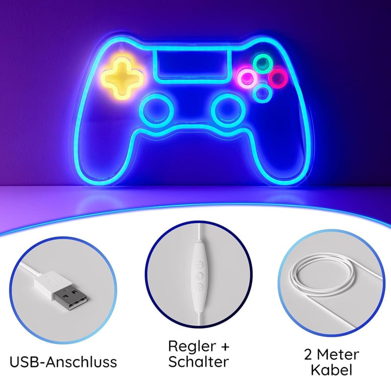 NELUX Gamer Kontroller Neon LED Világítás - Fali Dekoráció Játékszobába, USB Csatlakozás, Fényerőszabályzó, 41x26,5 cm