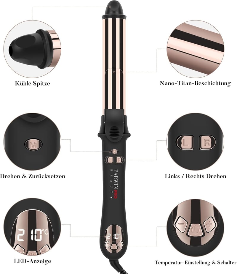 PARWIN PRO BEAUTY 360° Automata Forgó Hajgöndörítő 32mm - LCD Kijelzős Titán Bevonatú Hajformázó, Gyors Melegítés, Kétirányú Forgás