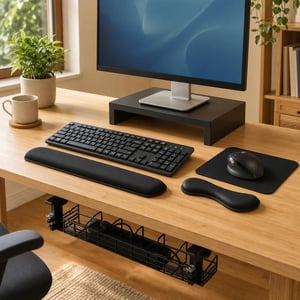 Set birou confortabil: tastatură wireless + mouse Bluetooth + mousepad + suport încheietură + organizator