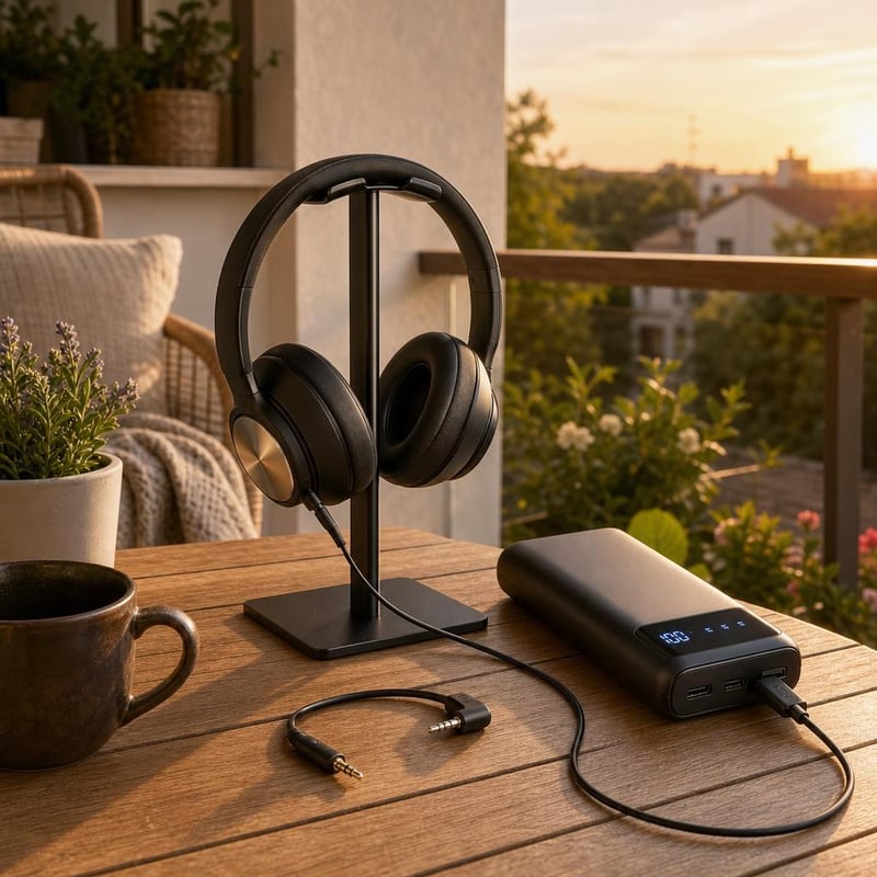 Zenehallgató kuckó: összecsukható fejhallgató + 2,5 mm TRRS kábel + alumínium állvány + 20000 mAh powerbank