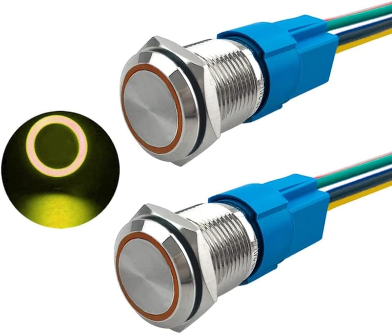 Aiqeer 16 mm-es Nyomógomb Kapcsoló Szett (2 db) - 12V/24V 5A Autó Indító Kapcsoló, IP67 Vízálló Rozsdamentes Acél, Előre Kábelezett Aljzatta