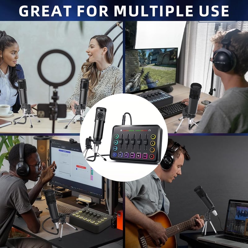 LILUOSUO Keverőpult Podcast Felszerelés USB-C Mikrofonnal - Videó Készítéshez, Élő Közvetítéshez, Játékokhoz - PC, Tablet, Okostelefon Kompa