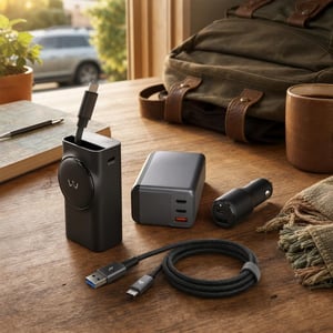 Kit încărcare completă: 10000mAh Power Bank + cablu USB-C 1m + încărcător GaN 65W + încărcător auto dual