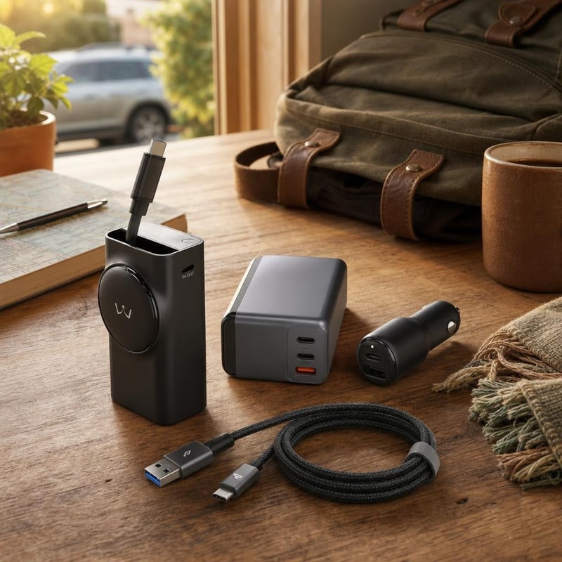 Nabíjací set na cesty: 10000mAh powerbanka + 1m USB-C kábel + 65W GaN nabíjačka + duálna autonabíjačka