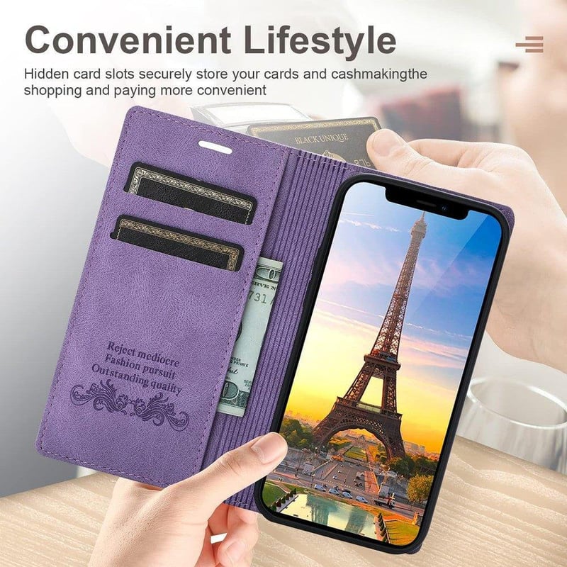iPhone 13 Pro Max Lila Bőr Pénztárcatartó Tok Kártyatartóval és Állvánnyal