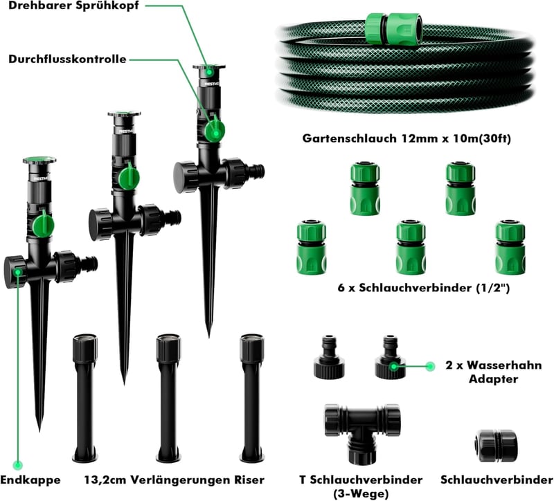 RESTMO Kerti Öntözőrendszer 10M  - 360° Állítható Locsoló Földi Tüskével, Gyorscsatlakozós Szett  - Gartensprinkler & Schlauch-Set, Green