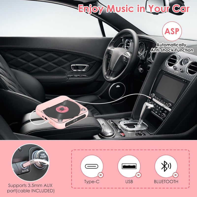 KOVCDVI Hordozható CD lejátszó Bluetooth-szal, rózsaszín, LCD kijelzővel és 1200mAh akkumulátorral