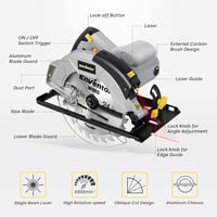 Enventor 1200W Körfűrész Vezetősínnel - 185mm Átmérőjű Fűrészlappal, 2 Pengével (24T+40T), 5800 RPM, Lézeres Vezetővel, Fa, Fém és Csempe Vá 2